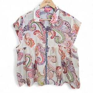 THML Anthropologie Top Womens Large Off White Pink Paisley Print Boho Blouse